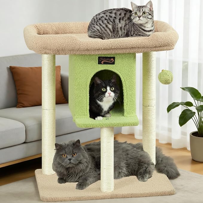 Cat Tree Tower Scratching Post for Indoor Large Adult Cats with Perch Bed | 28in Tall Small Cat Trees House with Big Perch, Condo, Toy Balls, Modern Kitten Climbing Furniture Platform, Green