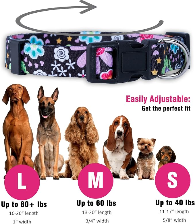 Native Pup Flower Dog Collar, Adjustable Small Medium Large, Cute Girl Female Summer Spring Pretty Designer Puppy Essentials Accessories, Pink Floral Blue Daisy Rose (Medium, Heart Flowers)