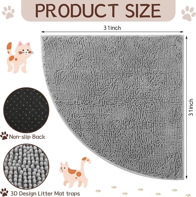 Tinideya Corner Cat Litter Mat 31"x 31" Kitty Litter Box Trapping Mat Large Waterproof Corner Rug Non Slip, Easy Clean, Machine Washable(Light Gray)