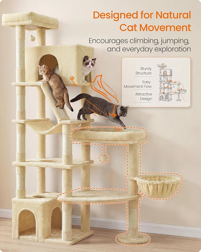 Feandrea 74.1-Inch Cat Tree Tower for Indoor Extra Large Cats, with Scratching Posts, Scratching Board, Multi-Level Design, Beige UPCT016Y101S