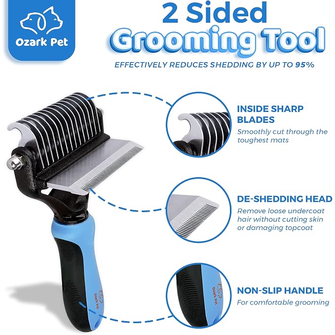 Grooming Brush for Dog/Cat with 2 Sided Grooming Brush for De-Shedding, De-Matting Reduces Shedding up to 95%, Great Short to Long Hair (Blue, Small Combo)