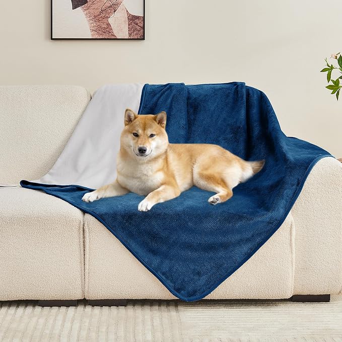 Waterproof Blanket 80"x90" for Adults, Reversible Waterproof Bed Cover for Dogs Cats Pets, Soft Leakproof Blanket for Bed Couch Sofa Furniture Protector, Navy Blue/Light Grey