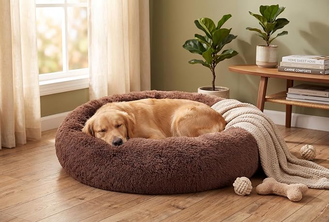 SAVFOX 36 inches Calming Donut Dog Bed - 3X Durable Plush Faux Fur, Machine Washable & Non-Slip, Fits up to 100 lbs, Brown