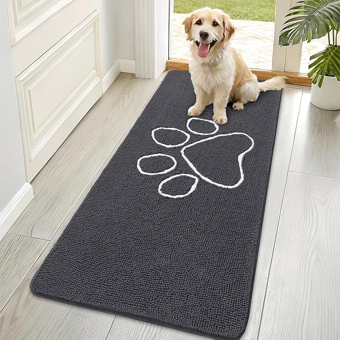 OLANLY Dog Door Mat for Muddy Paws 70x35, Paw Print Design Chenille Mud Mat | Dark Grey, Absorbent, Traps Moisture and Dirt, Non-Slip Washable Doormat, Quick-Drying Indoor Entryway Floor Carpet for Dogs