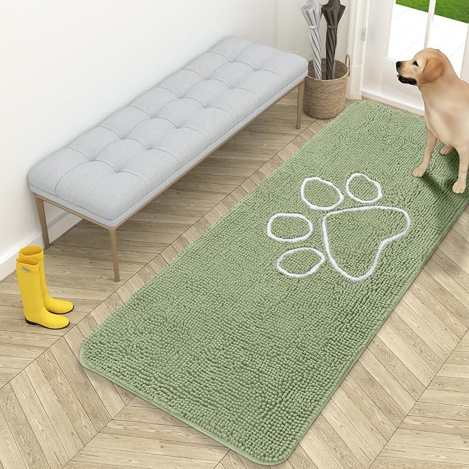 OLANLY Dog Door Mat for Muddy Paws 59x24, Paw Print Design Chenille Mud Mat | Sage Green, Absorbent, Traps Moisture and Dirt, Non-Slip Washable Doormat, Quick-Drying Indoor Entryway Floor Carpet for Dogs