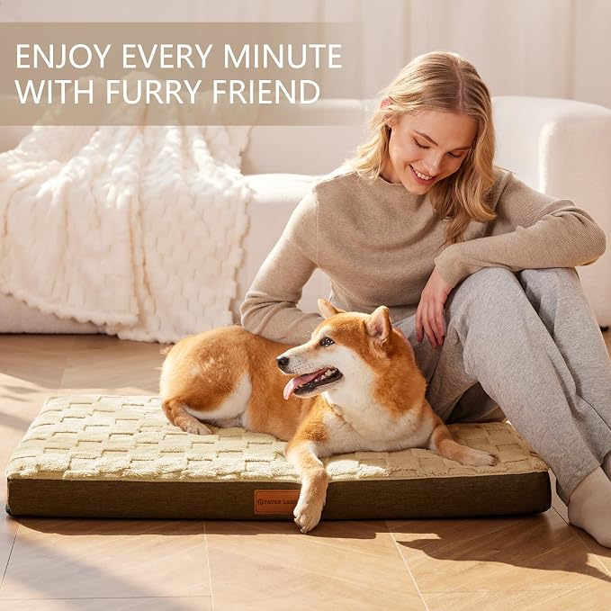 Patas Lague Orthopedic Large Dog Bed Washable Pet Crate Mat 36''X24'' Camel | Egg-Crate Foam Dog Couch For Large Sized Dogs, Waterproof Removable Cover, Soft Pet Bed With Nonskid Bottom
