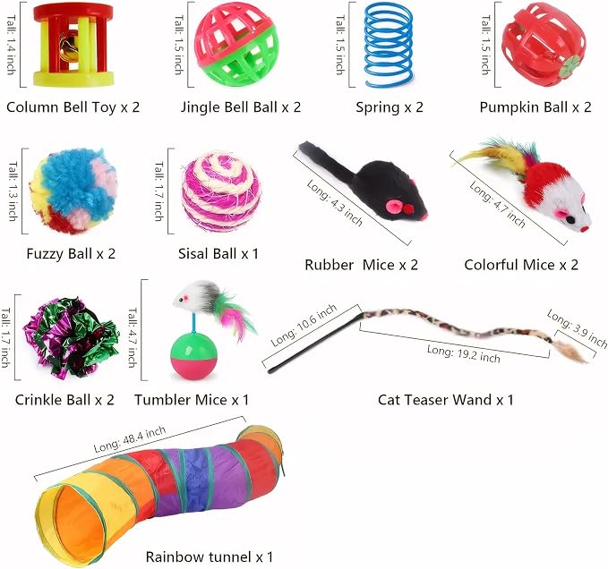 Cat Tunnel Toy Set for Indoor Cats – 20 Pcs Collapsible Cat Tunnels & Tubes, Interactive Feather Wand, Balls, Toys for Kitten and Large Adult Cats