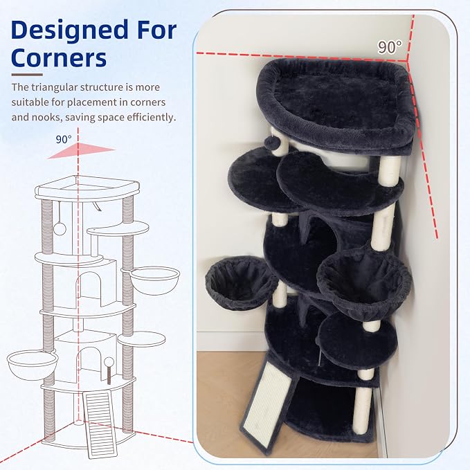 Corner Cat Tree, All Sisal Multi-Cat Scratching Posts GCT035G | 63.8" Cat Tower for Indoor Cats with Cat Condo, 2 Large Cat Caves, Big Top Perch, 2 Hanging Baskets & Sisal Ramp, Drak Gray