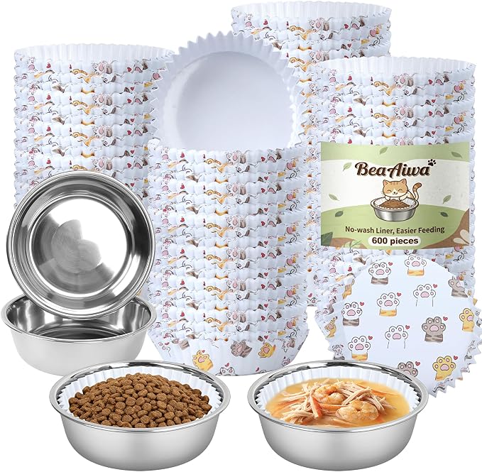Bulk Disposable Cat Bowls Set (600 Pcs Cat Food Bowl Liners + 4 Pcs Stainless Steel Pet Bowls) Small Paper Bowls for Puppy Kitten Small Dogs and Cats, Ideal for Dry & Wet Food (White, Cat Paw Print)