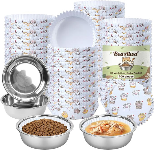 Bulk Disposable Cat Bowls Set (600 Pcs Cat Food Bowl Liners + 4 Pcs Stainless Steel Pet Bowls) Small Paper Bowls for Puppy Kitten Small Dogs and Cats, Ideal for Dry & Wet Food (White, Cat Paw Print)