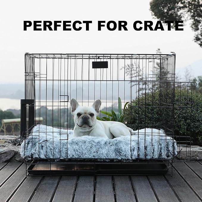Bedfolks Waterproof Dog Crate Bed, Plush With Removable Washable Cover, Faux Fur Crate Pad for Medium Dogs, Fluffy Kennel 29"x21", Dark Grey