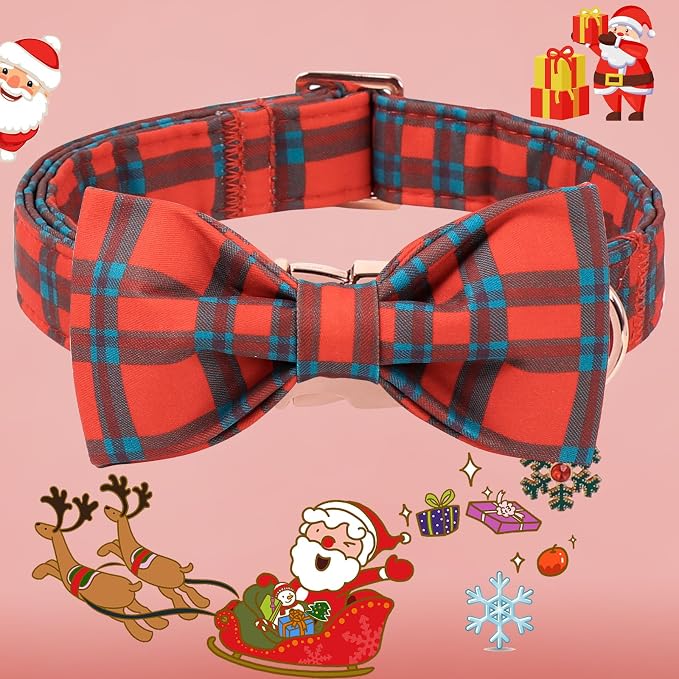 DOGWONG Christmas Dog Collar with Bow Tie, Red Green Plaid Dog Collar Durable Metal Buckle Adjustable Soft & Cute Red Checkered Dogs Collars for Small Medium Large Dogs, L