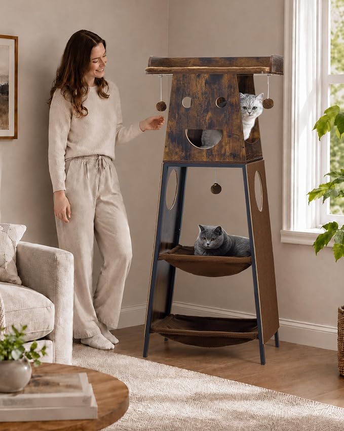 56in Modern Wood Cat Tree Tower for Indoor Cats with Hammock | Multi-Level Climbing Design, 2 Spacious Hammocks, Perch, Cat Condo, Scratching Board, Ideal for Multi-Cat Homes, Rustic Brown
