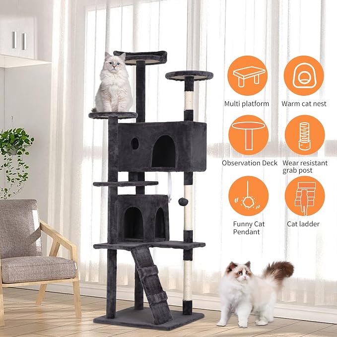 BestPet | 70" Cat Tree Tower | Dark Gray | Sturdy Multi-Level Cat Tree | with Plush Condo, Cozy Perch, Sisal Scratching Posts, Hanging Toy and Hammock | Easy Assembly | for Kittens & Adult Cats