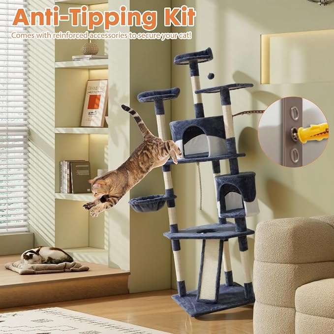 DUMOS Tall 79in Cat Tree Tower with Scratching Posts, Indoor Cats Use | Large Multi Level Cats Climbing Tower with Condo, Extended Platform, Basket, Pet Tree House for Cats Play, Dark Grey
