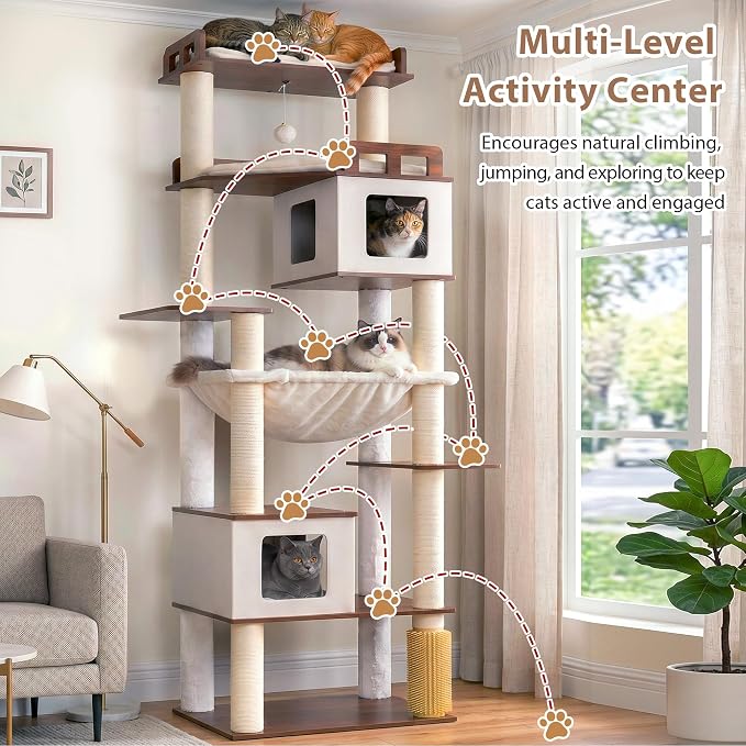 Cat Tree, Wooden Multi-Level Tower for Large Audlt Cats GCT104EB | 76" Cat House Furniture with Big Hammock, 2 Condos，Wood Platforms with Safety Railing, Sisal Scratching Posts, Earth brown