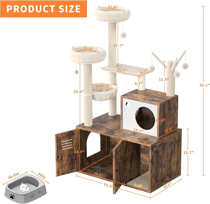 Modern Cat Tree with Hidden Litter Box Cabinet, Multi-Level Cat Condo with Scratching Posts, Perches, Hammock & Basket for Indoor Cats, Brown Wood Finish