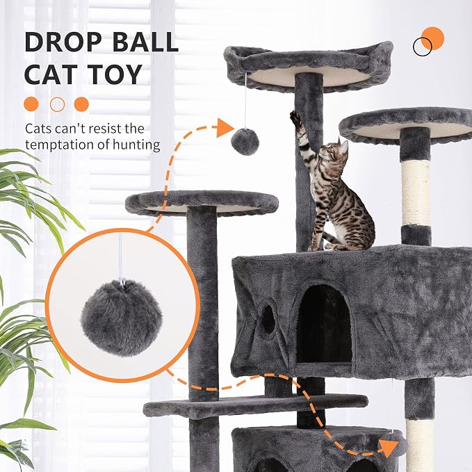 Cat Tree for Indoor Cats, Multi-Level Cat Tower with Scratching Posts & Cozy Condo, Space Saving Cat Activity Center, Durable Pet Play House (54in,Light Gray)