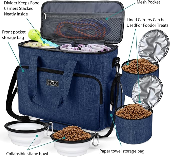 BAGLHER Dog Travel Bag, Pet Travel Bag (ALL Pet Travel Supplies), With 2 Pet Food Containers and 2 Collapsible Silicone Bowls; Essential Kits for Pet Travel Dark Blue