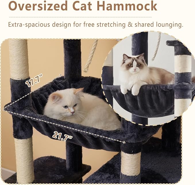 Heybly 64.2" Heavy-Duty Cat Tree for Large Cats with Wide Base HCT027G | Indoor Cat Tower with Scratching Posts & Board, Cat Furniture with Big Platforms, Extra-Large Hammock, Smoky Gray