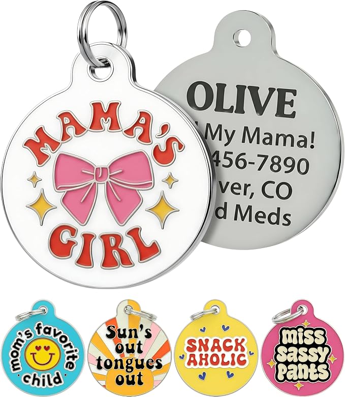 Bad Tags Personalized Dog and Cat ID Tags in 25+ Designs and 2 Sizes - 5 Lines of Custom Engraved Text - Funny Cute Personalized Pet Tags (Mama's Girl, Large (1.25 inch))