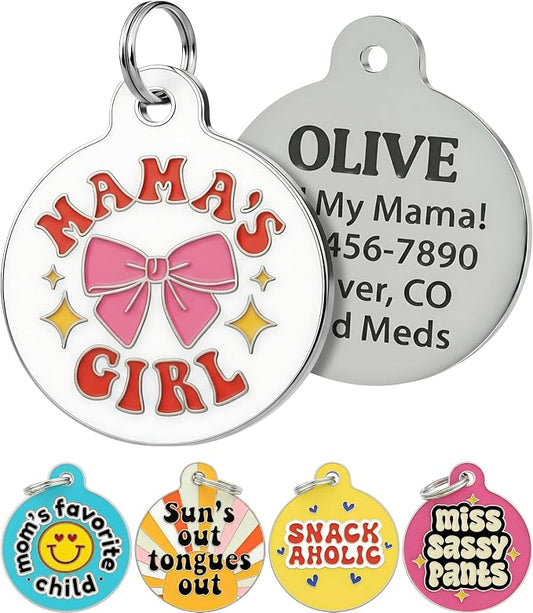 Bad Tags Personalized Dog and Cat ID Tags in 25+ Designs and 2 Sizes - 5 Lines of Custom Engraved Text - Funny Cute Personalized Pet Tags (Mama's Girl, Large (1.25 inch))