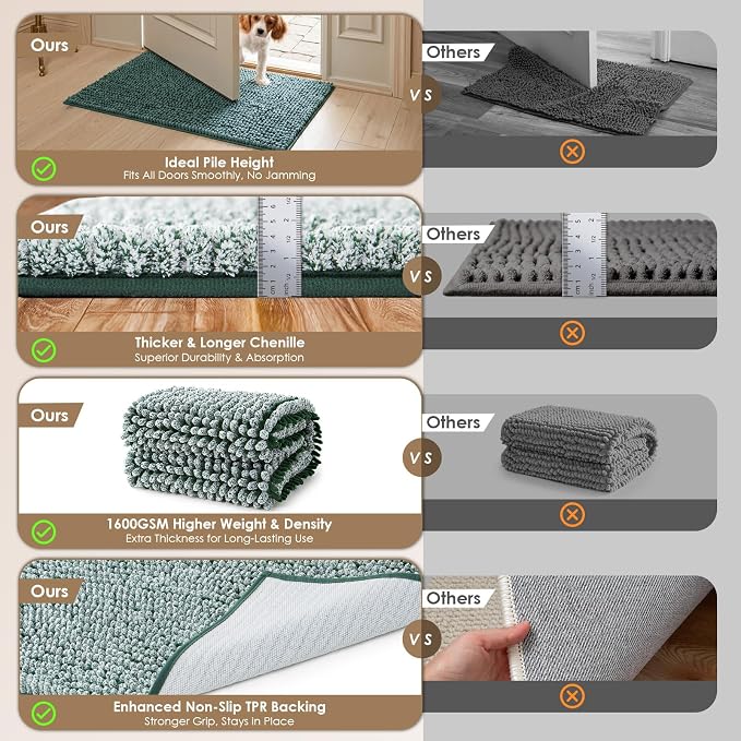 EHEYCIGA Super Absorbent Dog Door Mat for Muddy Paws 60x24 Inch Indoor, Front Doormat Outside Entrance, Quick Dry Chenille Washable Dog Crate Bed, Non-Slip Pet Rug Mud Mat Outdoor Entryway, Green
