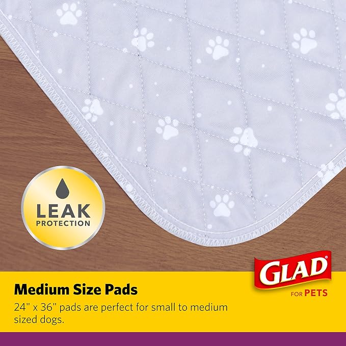 Glad for Pets Washable Reusable Dog Pee Pads, Medium, 24 x 36 In, 2 Count | 3-layer leak protection, no-slip vinyl bottom, washable and reusable, medium size 24x36 in