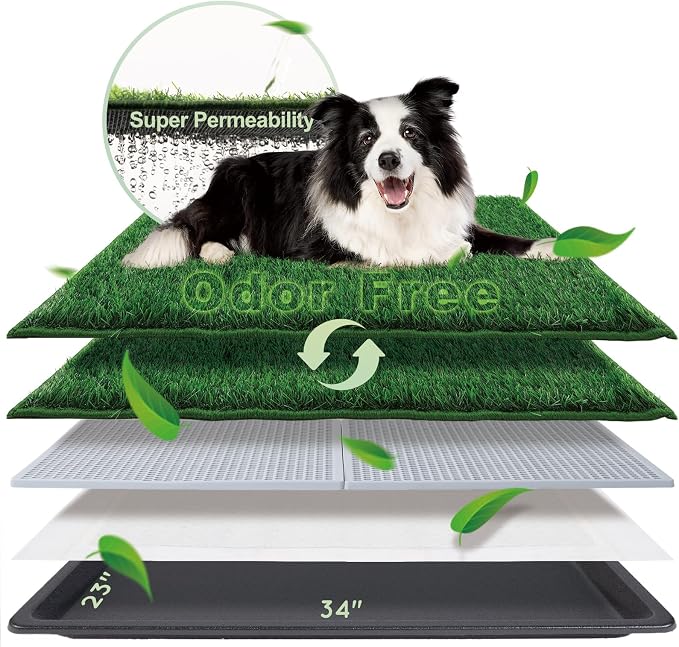 HQ4US 4LEGS Dog Grass Pad with Tray Large 34’’×23’’, Dog Litter Box with Odor Free Artificial Grass Pee Pads for Dogs Potty Tray with Hemmed Edge, Realistic for Indoor Balcony