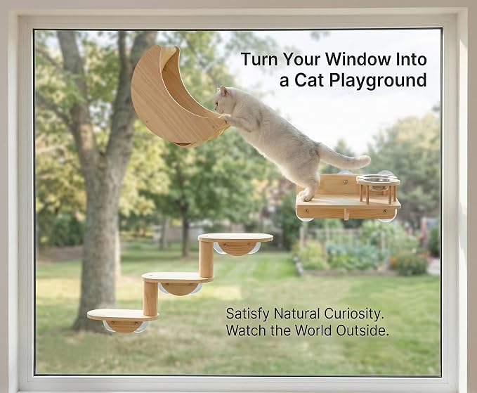 Cat Window Ladder, 3-Level Solid Pine Steps for Climbing and Bird Watching | Window-View Enrichment,Drill-Free,Hold Up to 40lbs, For Small to Medium Cats,Minimum 30 in Unobstructed Glass Width