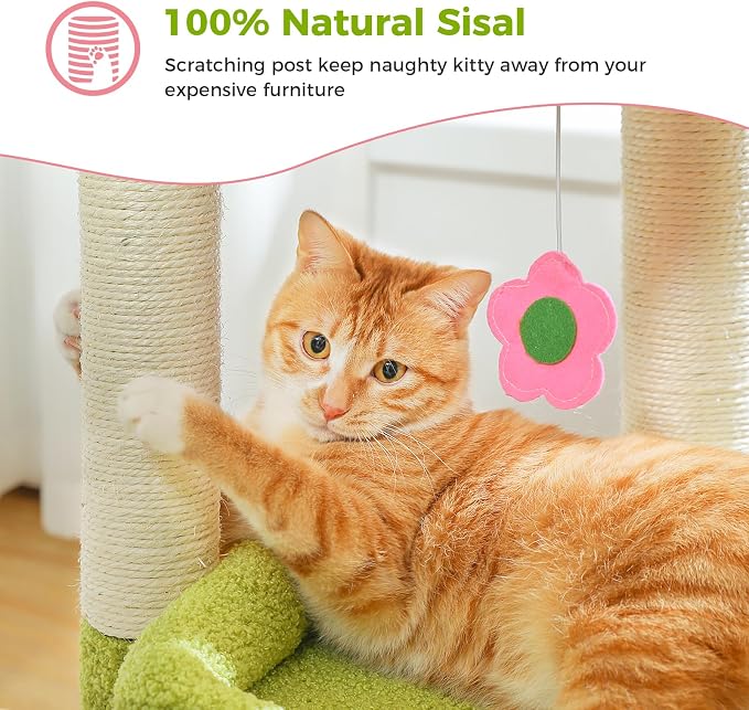 PEQULTI Cat Tree Flower Cat Tower for Indoor Cats with Private Cozy Cat Condo, Natural Sisal Scratching Posts and Plush Pom-pom for Small Cats, Pink