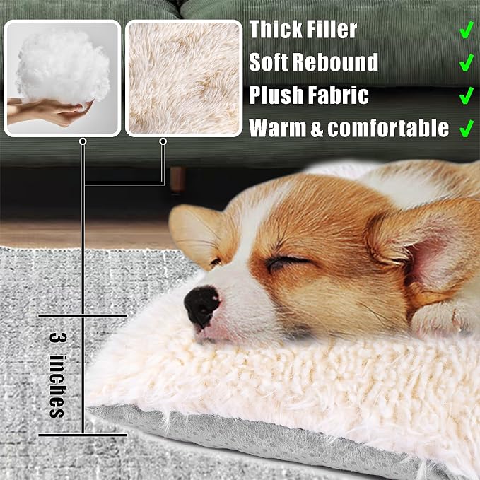 Machine Washable Dog Bed, Deluxe Plush Dog Crate Pad and Cat Bed, Anti-Slip Bottom Kennel Pad Mat, Fuzzy Pet Beds for Large, Medium, Small Dogs Breeds (Ivory, 24.0" L x 18.0" W x 3.0" Th x 2 Pack)