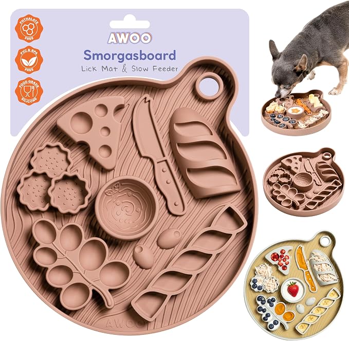 Awoo Smorgasboard - Silicone Dog and Puppy Lick Mat and Slow Feeder with Suction Cups - Non-Slip, Dishwasher Safe Pet Dish - Extends Mealtime for Fast Eaters - for Wet & Dry Food (Toast)