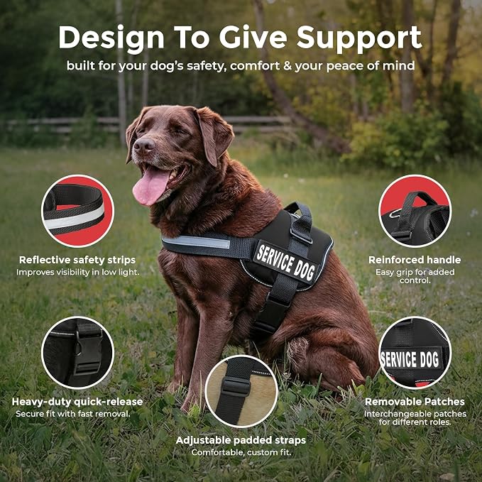 Industrial Puppy Service Dog Vest Harness - Durable & Adjustable Vest for Dog with Reflective Straps, Removable Patches, 50 ADA Cards, Handle & D-Ring, Travel and Daily Use, (Black, Large 27"-33")