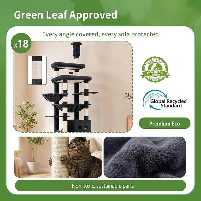 Heybly Floor to Ceiling Cat Tree, 104.7"-116.5" Height-Adjustable HCT92G | Expanded Wide Cat Climbing Tower with Wide Perch, 2 Spacious Cat Condos & 15 Scratching Posts for Indoor Cats, Smoky Gray