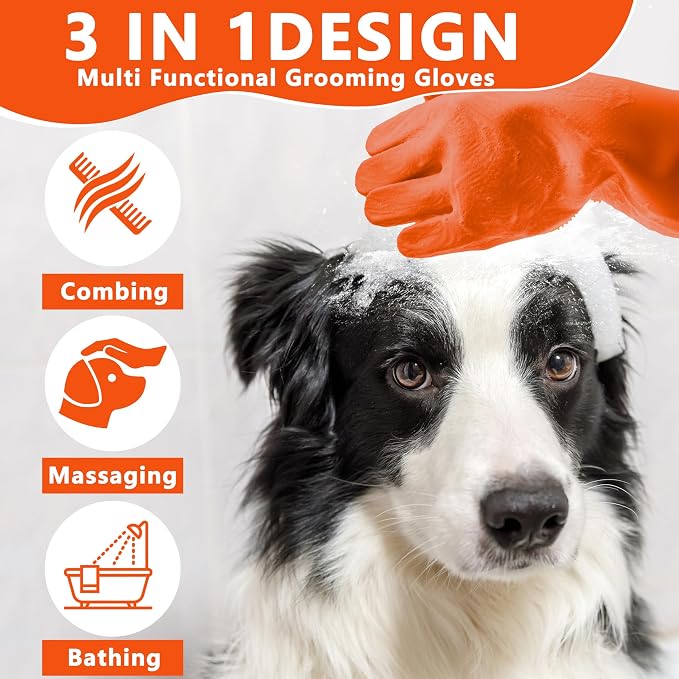 Pet Grooming Gloves—Dog Washing Gloves with High-Density Teeth | Dog Bath Scrubber with Enhanced Five Finger Design, Silicone Gloves for Dogs and Cats Bathing, Massage (Orange)