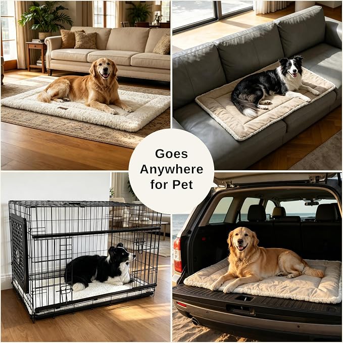 Reversible Dog Crate Mat for X-Large Dogs,Oxford & Fleece,47"x29",Beige | 1.2" Fill Preserves Crate Height,Fleece Cozy,Wipes Clean,Splash-Proof,Machine Washable, Folds Flat For 30" Wire Crate & Go