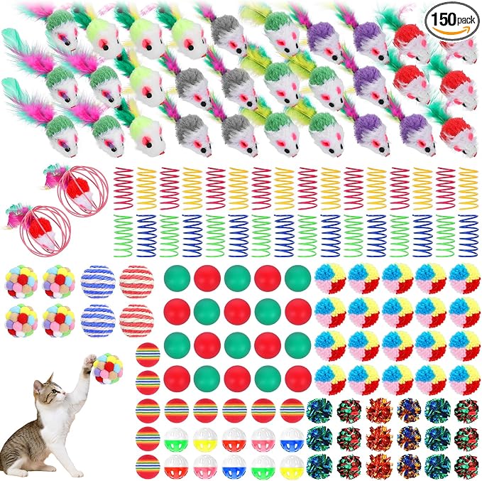 150 Pcs Cat Toys Bulk for Indoor Cats, Kitten Toys Assorted Variety Pack, Cats Toy Bundle with Mice Rainbow Balls/Springs Crinkle Balls/Lattice/Sisal/Table Tennis/Plush/Caged Bell for Kitty Kitten