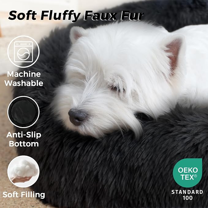 Calming Round Dog Bed & Cat Bed with Anti-Slip Bottom, Medium Size Washable Anti-Anxiety Donut Dog Beds for Small Dogs & Cats, Fluffy Plush Soft Dog Bed(24 Inch, Black)