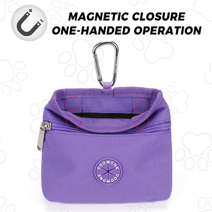 Dog Treat Pouch with Pet Training Clicker, Detachable Dog Puppy Training Treat Bag, 900D Oxford Cloth Magnetic Closure Small Dog Walking Bag for Travel or Outdoor Use (Purple)