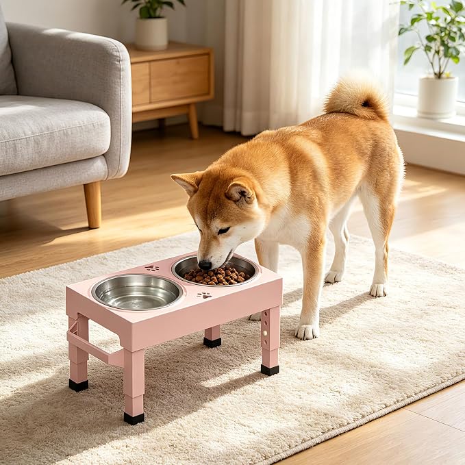 Elevated Dog Bowls Stand Large Breed, Height Adjustable Raised Dog Bowls Holder with 2 Stainless Steel Food Bowls for Small, Medium and Large Canine，Pink