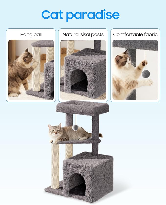 Cat Tree Tower for Indoor Cats, 33 Inches Multi-Level Cat Condo with Scratching Posts, Large Perch, Hanging Toy for Large Adult Cats, Gray