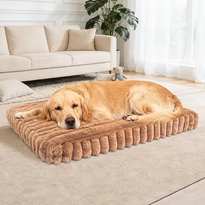 Dog Crate Bed Khaki 41.7"x26.8" | Flat Dog Crate Bed Waterproof for Large Meduim Dogs Pet Beds with Plush Removable Washable Cover Anti Slip Bottom for Indoor