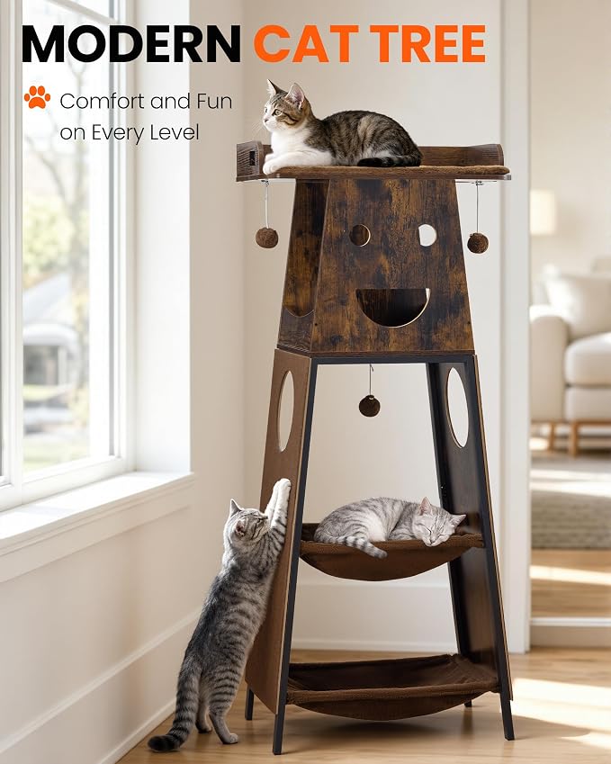 56in Modern Wood Cat Tree Tower for Indoor Cats with Hammock | Multi-Level Climbing Design, 2 Spacious Hammocks, Perch, Cat Condo, Scratching Board, Ideal for Multi-Cat Homes, Rustic Brown