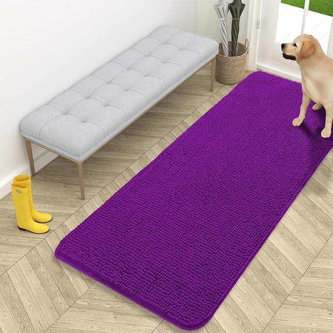 OLANLY Dog Door Mat for Muddy Paws 59x24, Super Absorbent Chenille Mud Mat | Purple, Absorbs Moisture and Dirt, Non-Slip Machine Washable Doormat, Quick-Drying Indoor Entryway Floor Carpet for Dogs