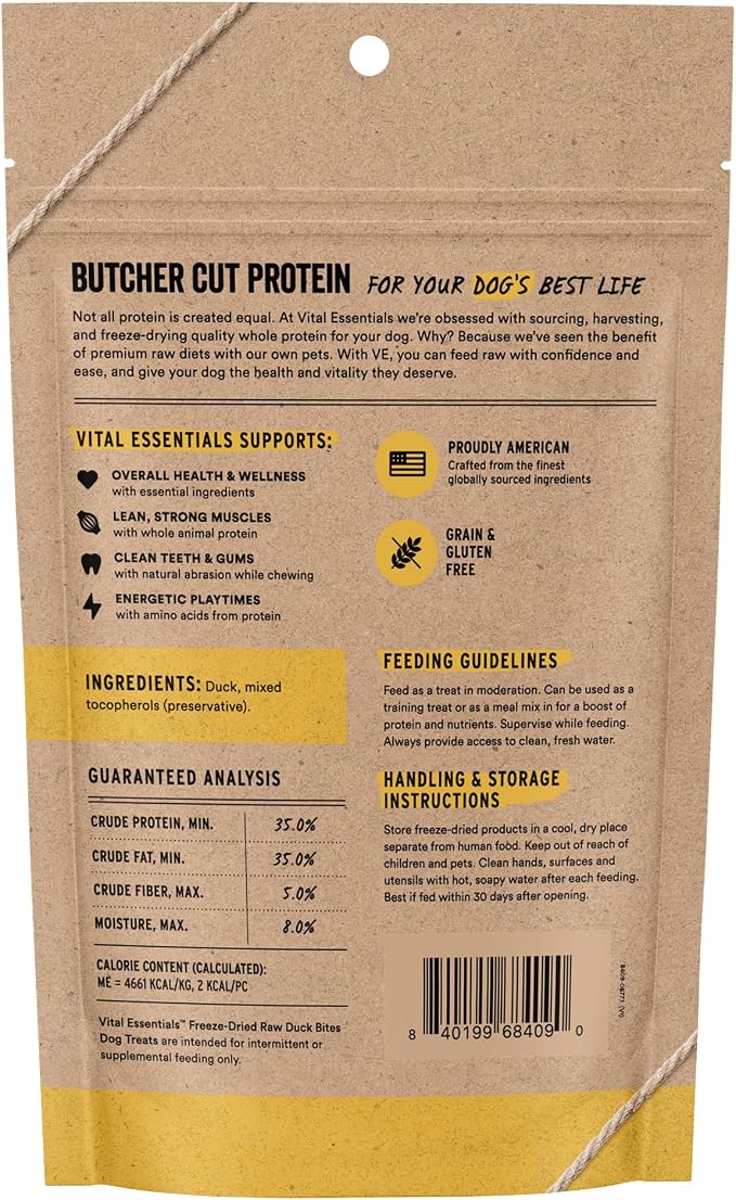 Vital Essentials Freeze Dried Dog Treats, Duck Bites, 2.0 oz Bag | Single Animal Protein, Premium Quality, Grain-Free Training Treats, USA Made with U.S. & Globally Sourced Ingredients