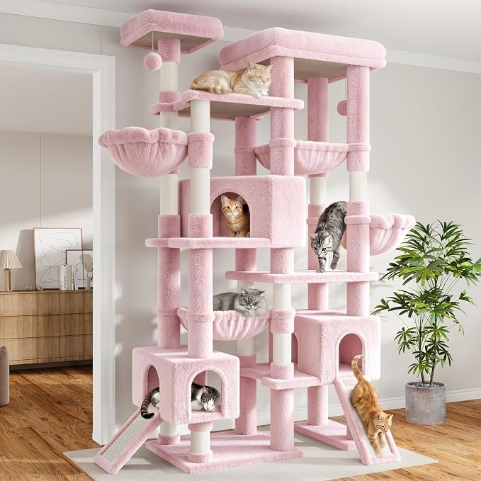 Sha Cerlin 87 in Multi-Level Tall Cat Tree Tower for Large Cats/Extra Wide Feline Activity Center/Sisal Scratching Posts/Wide Base/Cozy Plush Perches/Baskets/Hammocks/Toy Balls/Pink