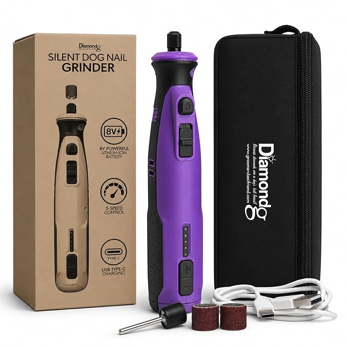 Diamondg Cordless Dog Nail Grinder - Quiet Sound with LED Light, Purple | 5-Speed Rechargeable Pet Nail Trimmer for Small & Large Dogs, USB-C Charging, 4hrs. Runtime, Painless Dog Nail Grinding Kit