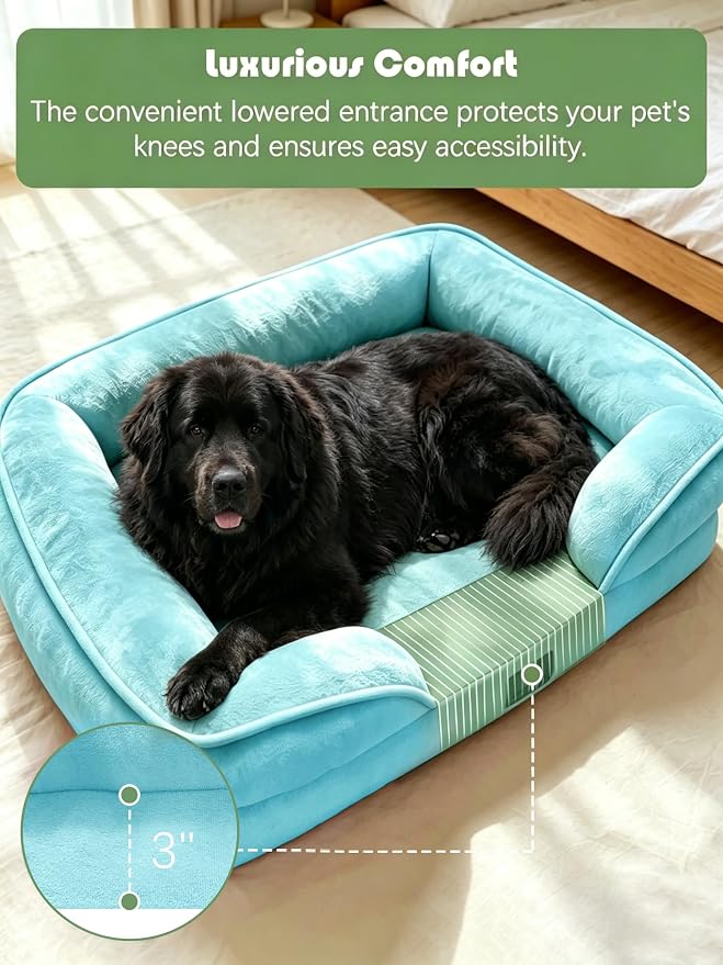 Spotted Play Orthopedic Dog Bed with Sides - Sofa Beds for Extra Large Dogs, Supportive Foam Pet Couch Bed with Washable Removable Cover, Waterproof Lining and Non-Slip Bottom, Ice Blue - XXL