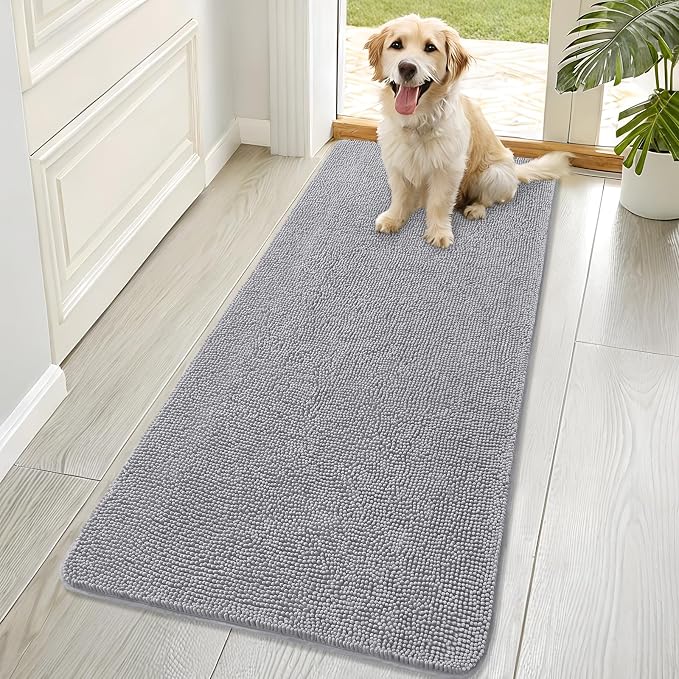 OLANLY Dog Door Mat for Muddy Paws 70x32, Super Absorbent Chenille Mud Mat | Light Grey, Absorbs Moisture and Dirt, Non-Slip Machine Washable Doormat, Quick-Drying Indoor Entryway Floor Carpet for Dogs